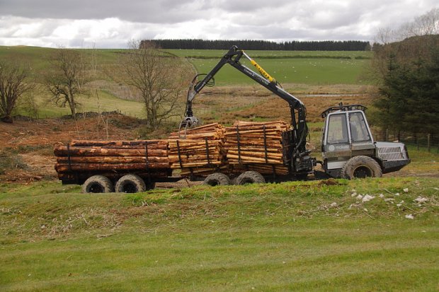 Our Malwa 560F and trailer loaded up with a mixed load of fence posts and 3.7m logs.